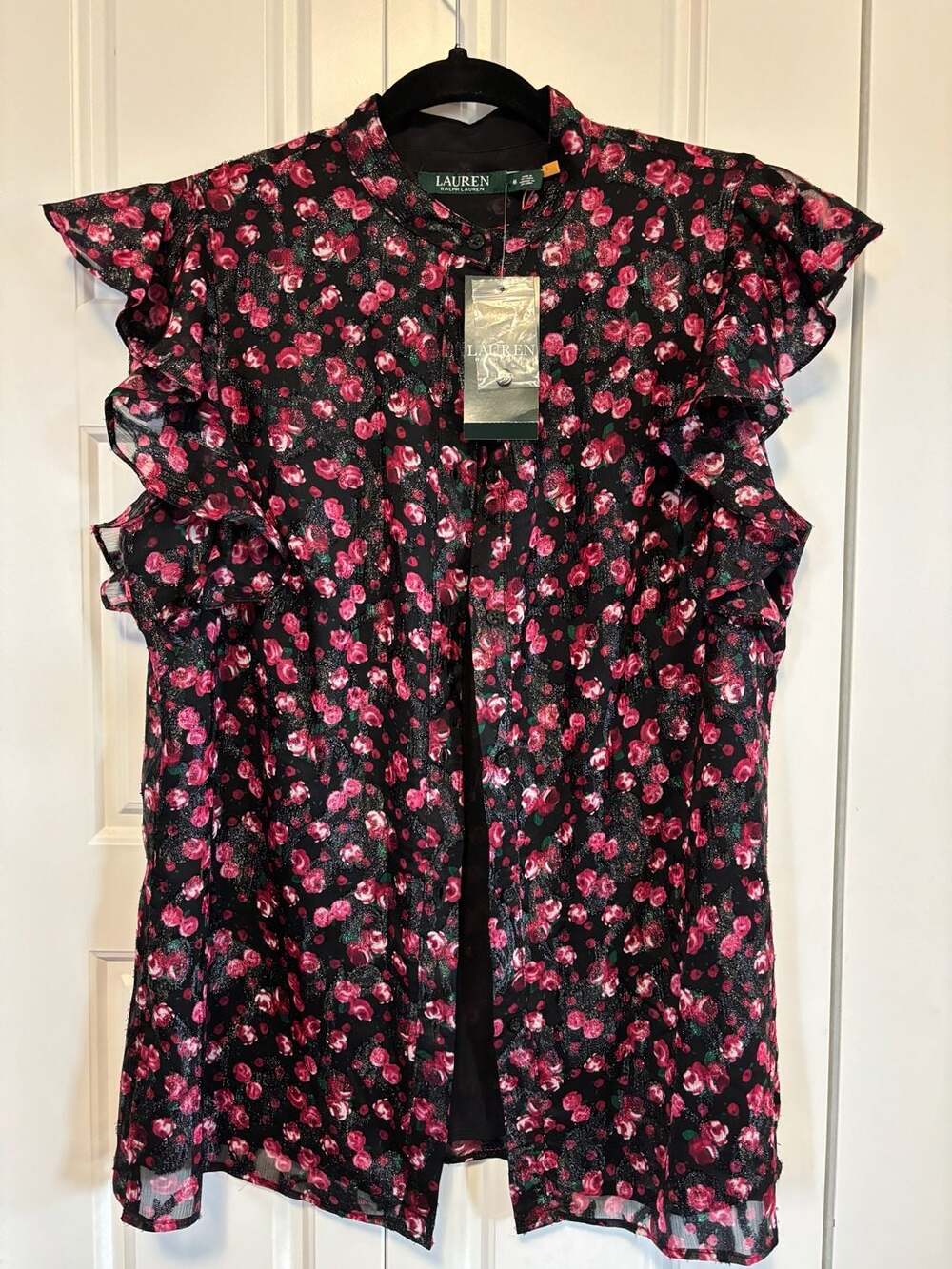 Lauren Ralph Lauren Women's Floral Rose Metallic Ruffle Sleeve Button Up Blouse